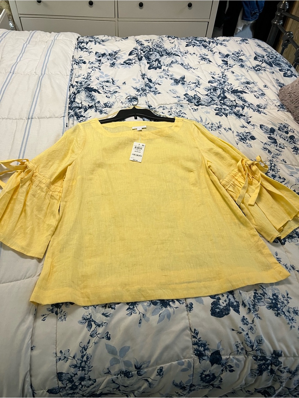 Charter Club Yellow Tie-Sleeve Linen-Blend Blouse